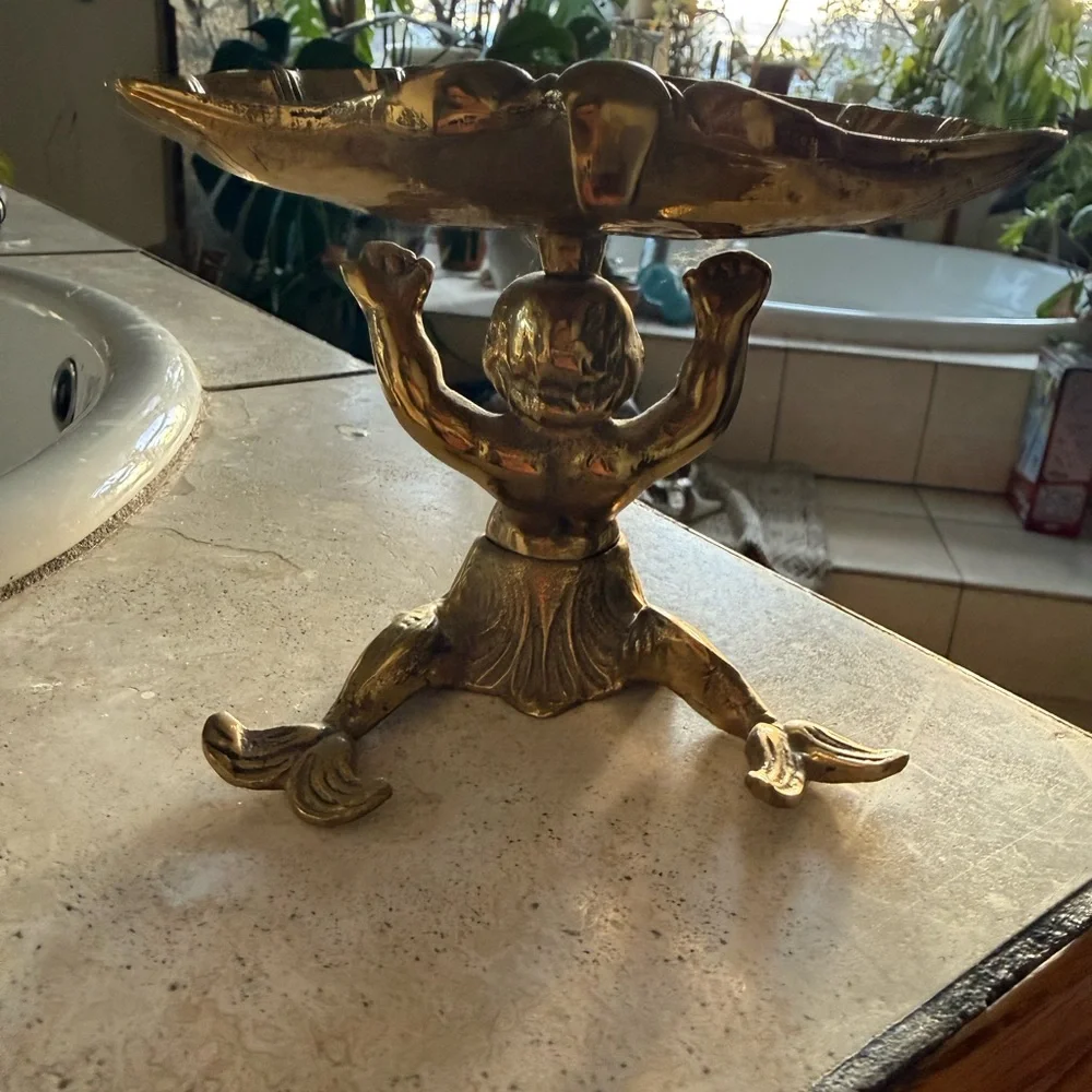 Vintage 60’s Sherle Wagner Brass Bronze Scalloped Cherub Mermaid TwoTail soaDish